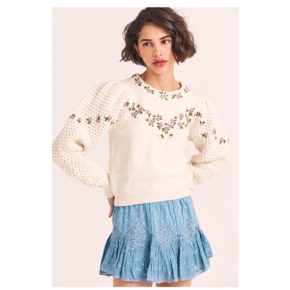 LoveShackFancy Women's Ivory Wool-Blend Kenzly Embroidered Sweater NEW WITH TAG